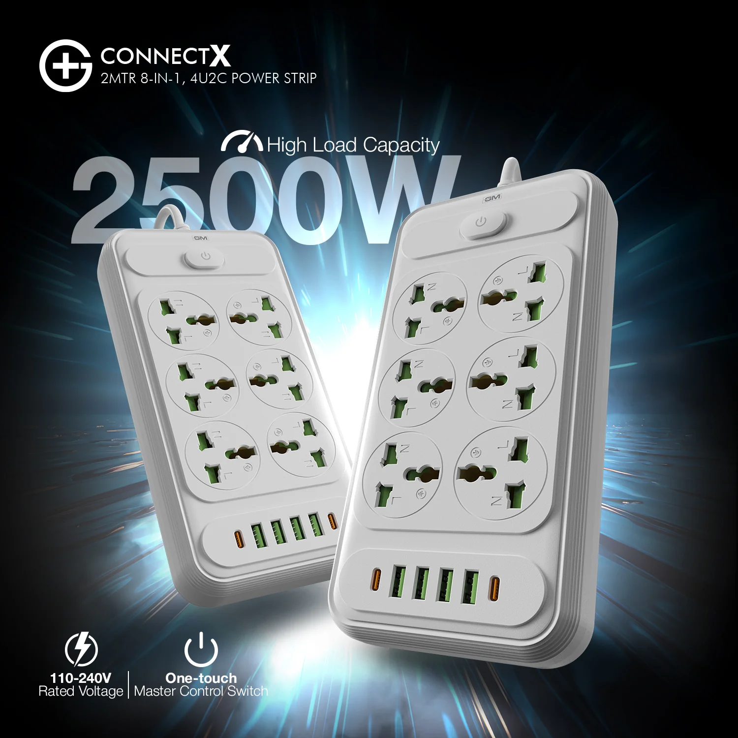 G+ ConnectX 2Mtr 8-in-1 4U2C Power Strip (WHITE) - Image 6