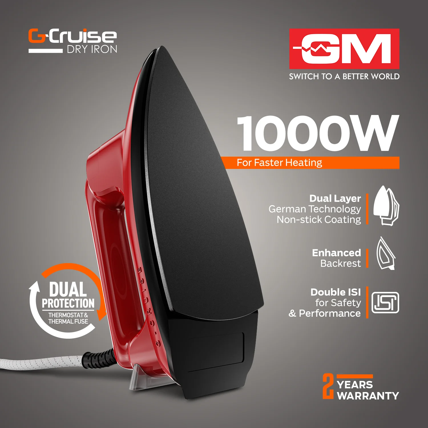 G-Cruise Dry Iron 1000W - Fast Heating (RED) - Image 4