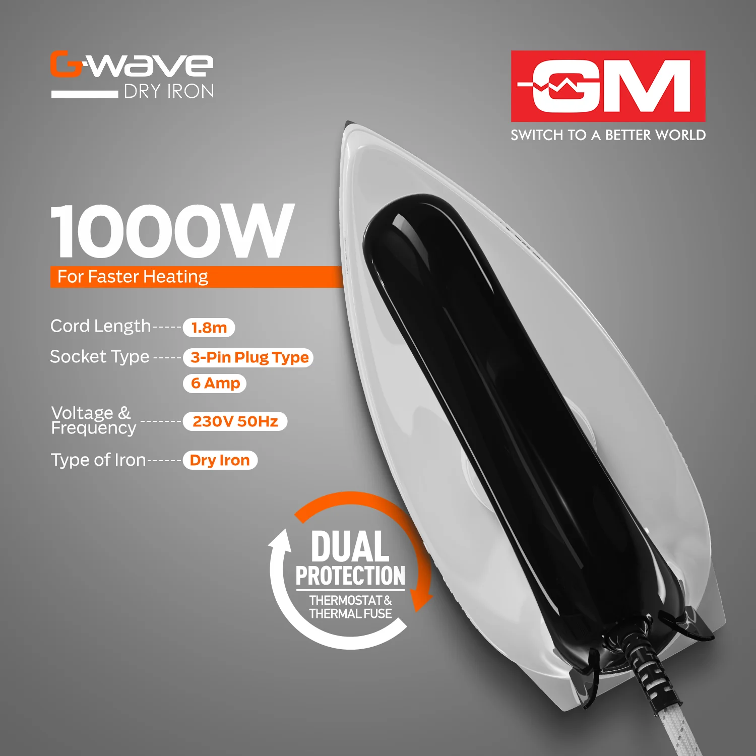G-Wave 1000 Watt Dry Iron (Black) - Overheat Protection - Image 3