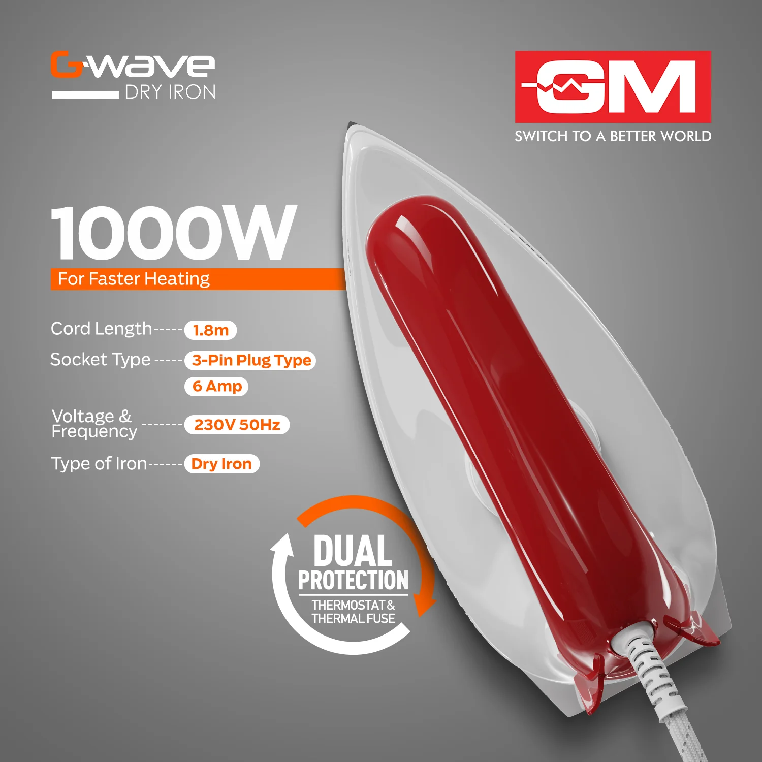 G-Wave 1000 Watt Dry Iron (Red) - Overheat Protection - Image 3