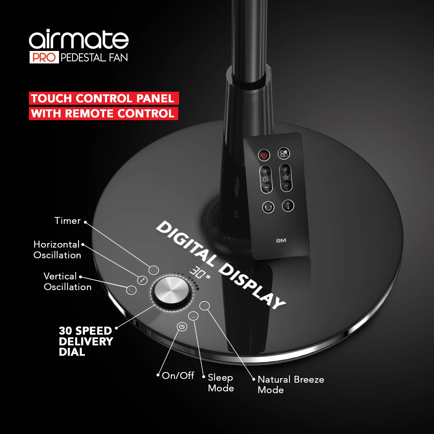 GM Airmate Pro Pedestal Fan with Remote (Black) - Image 3