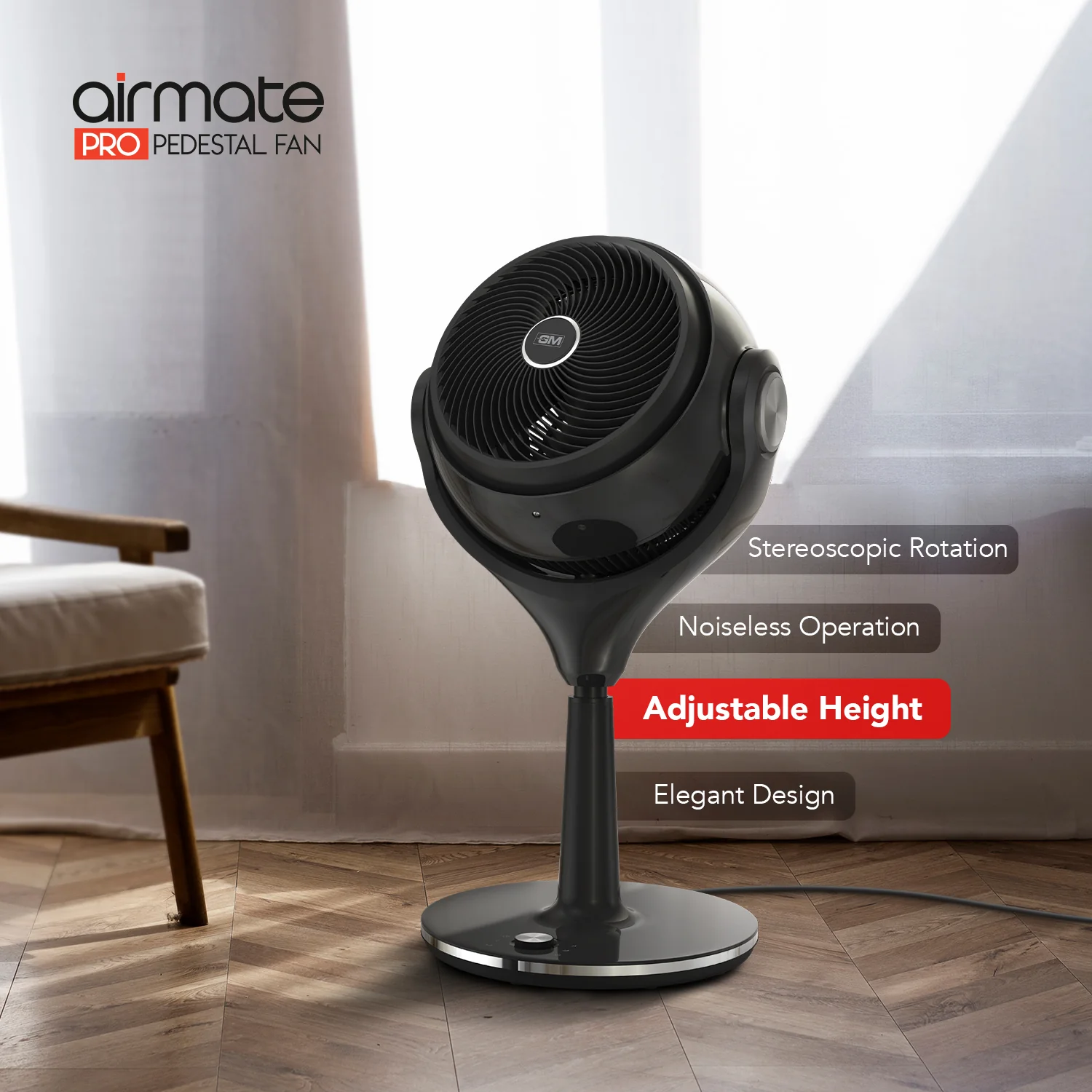 GM Airmate Pro Pedestal Fan with Remote (Black) - Image 7