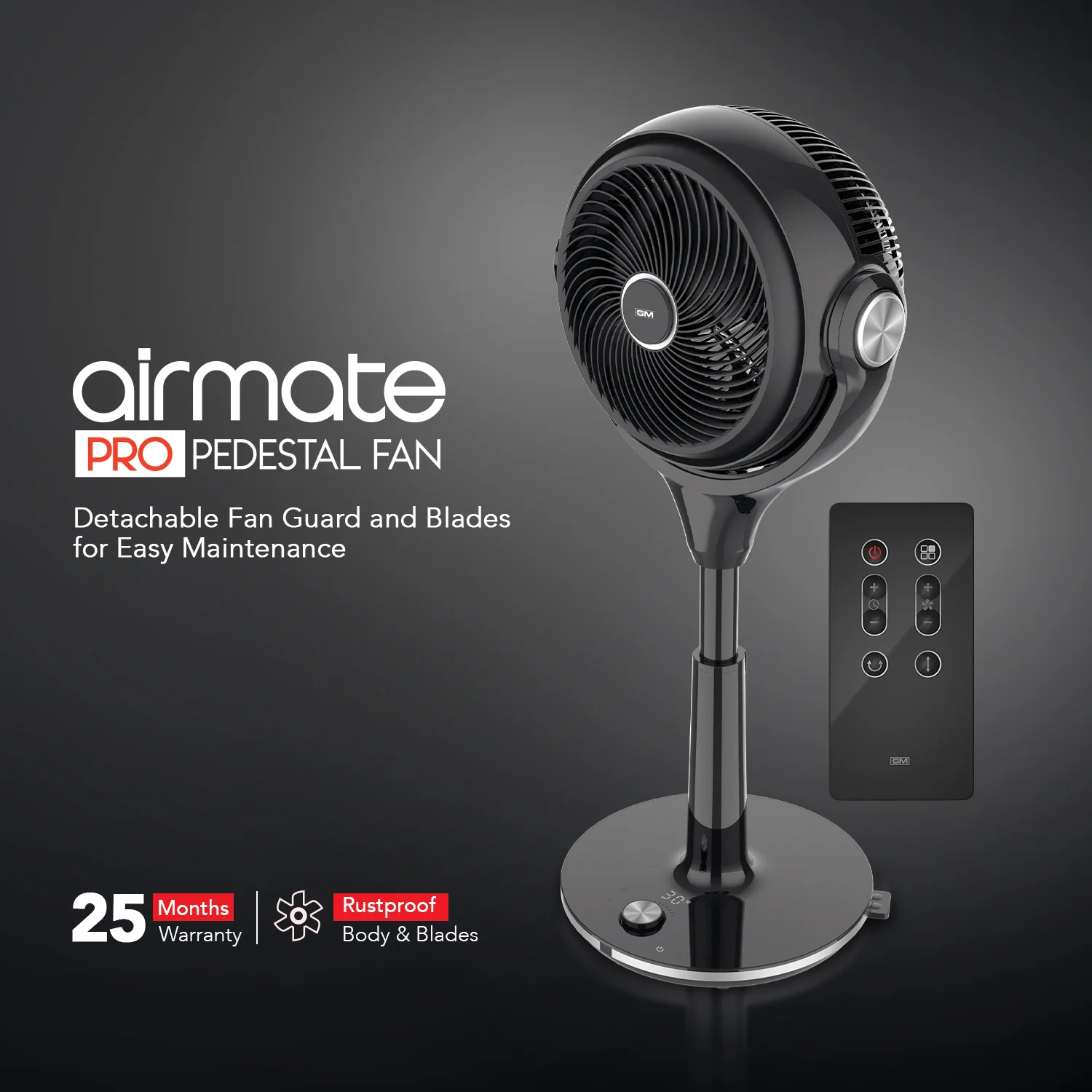 GM Airmate Pro Pedestal Fan with Remote (Black) - Image 9