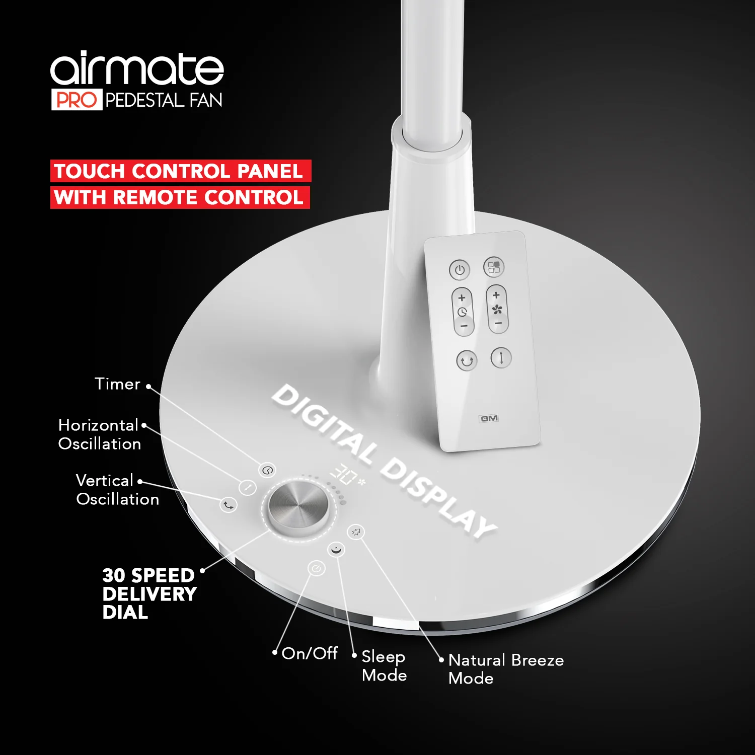 GM Airmate Pro Pedestal Fan with Remote (White) - Image 3