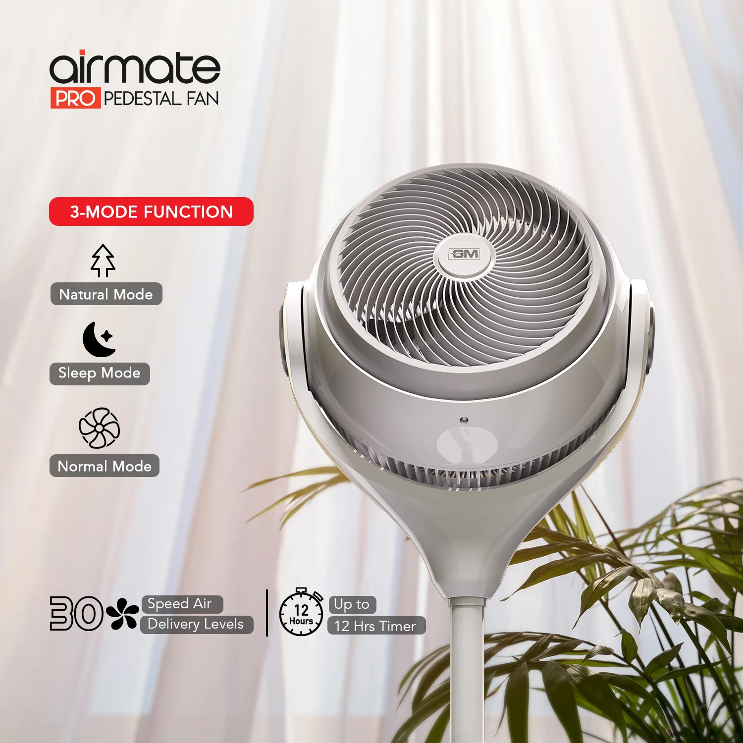 GM Airmate Pro Pedestal Fan with Remote (White) - Image 4