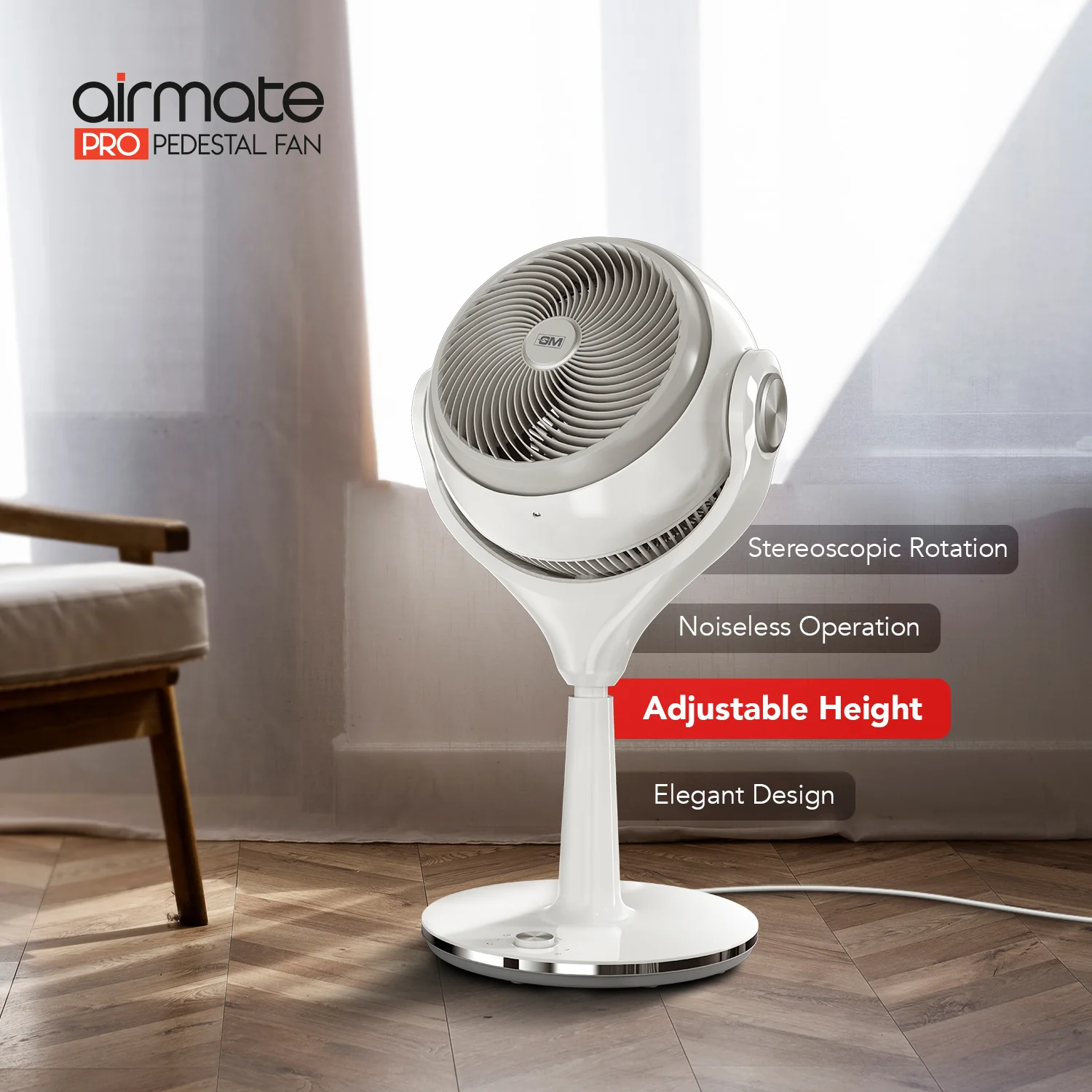 GM Airmate Pro Pedestal Fan with Remote (White) - Image 7