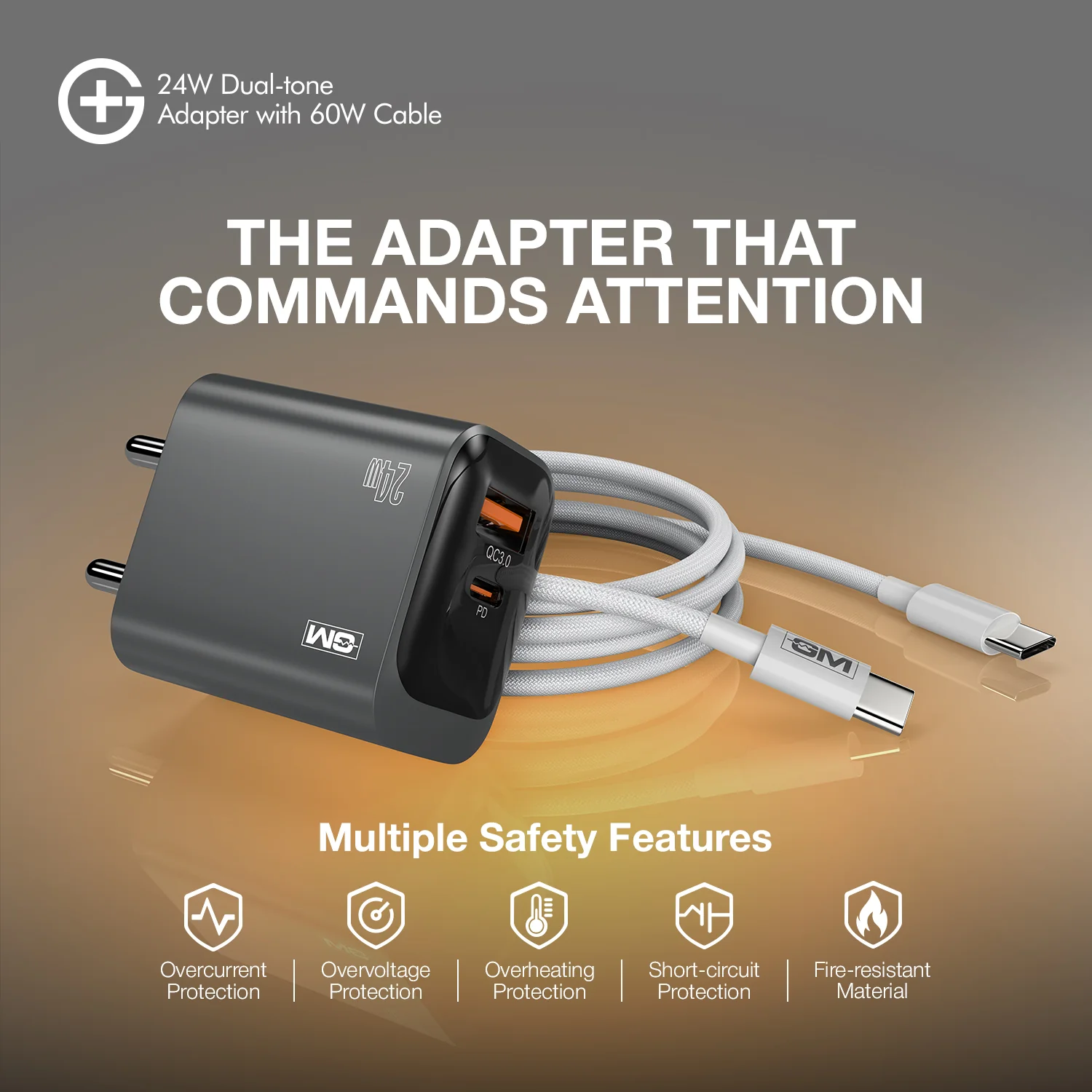 G+ Dual Tone (USB-A+C) PD Adapter - 24W with USB C-C Cable 60W (GREY) - Image 10