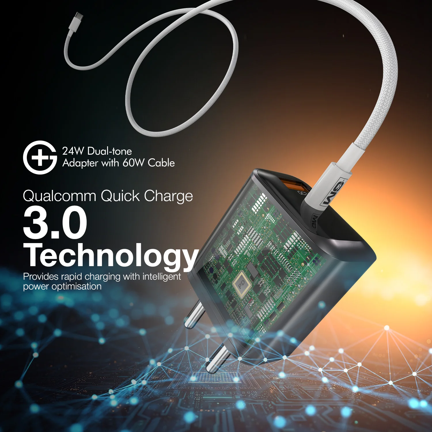 G+ Dual Tone (USB-A+C) PD Adapter - 24W with USB C-C Cable 60W (GREY) - Image 3