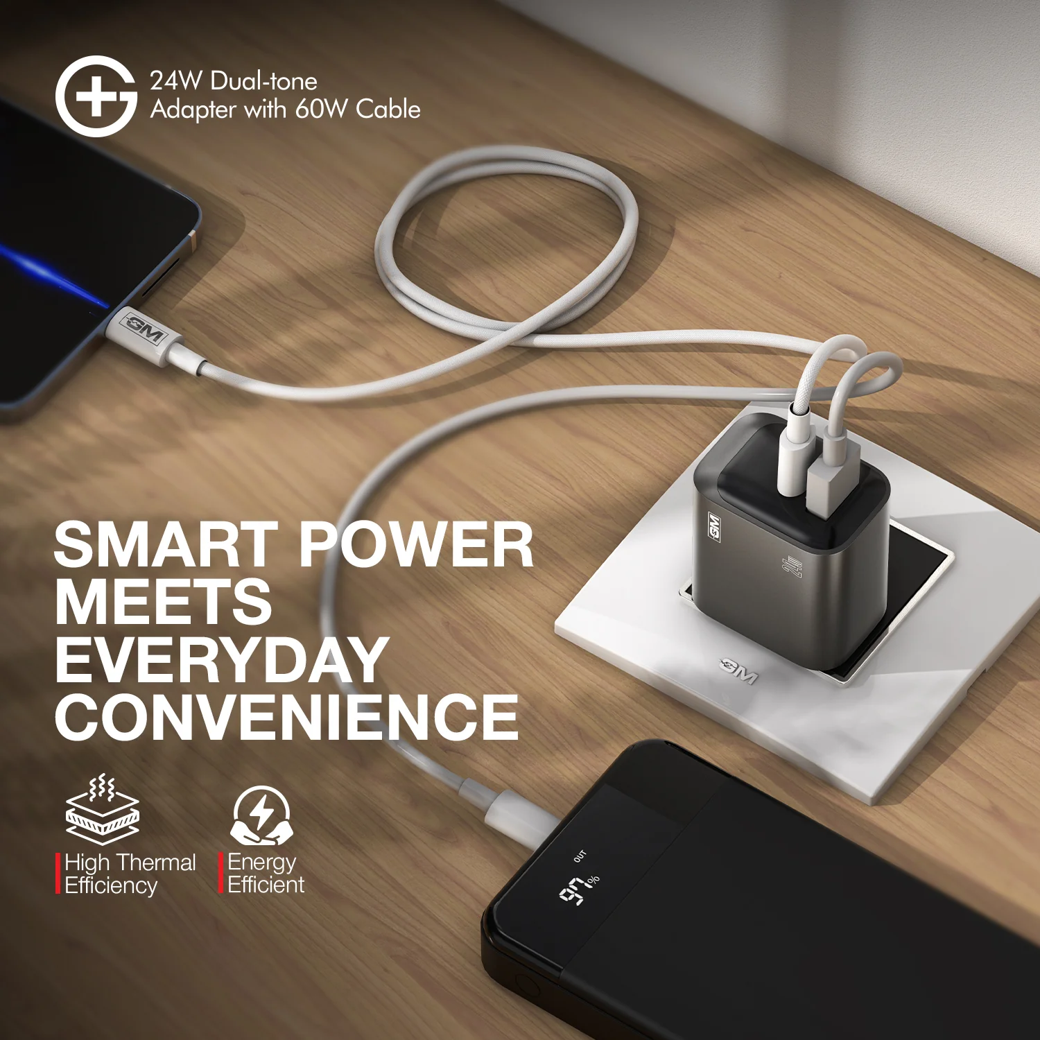 G+ Dual Tone (USB-A+C) PD Adapter - 24W with USB C-C Cable 60W (GREY) - Image 4