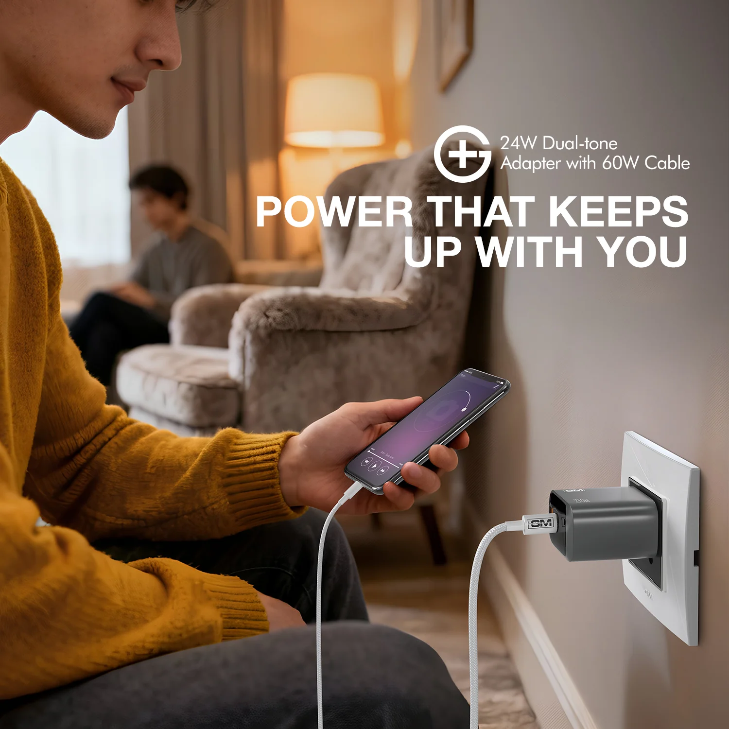 G+ Dual Tone (USB-A+C) PD Adapter - 24W with USB C-C Cable 60W (GREY) - Image 5