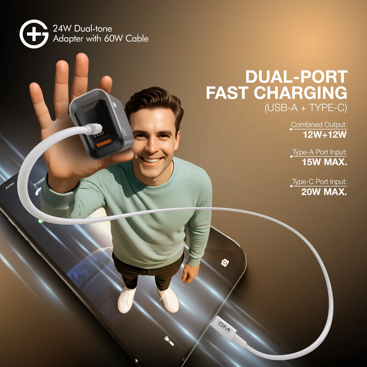 G+ Dual Tone (USB-A+C) PD Adapter - 24W with USB C-C Cable 60W (GREY) - Image 6