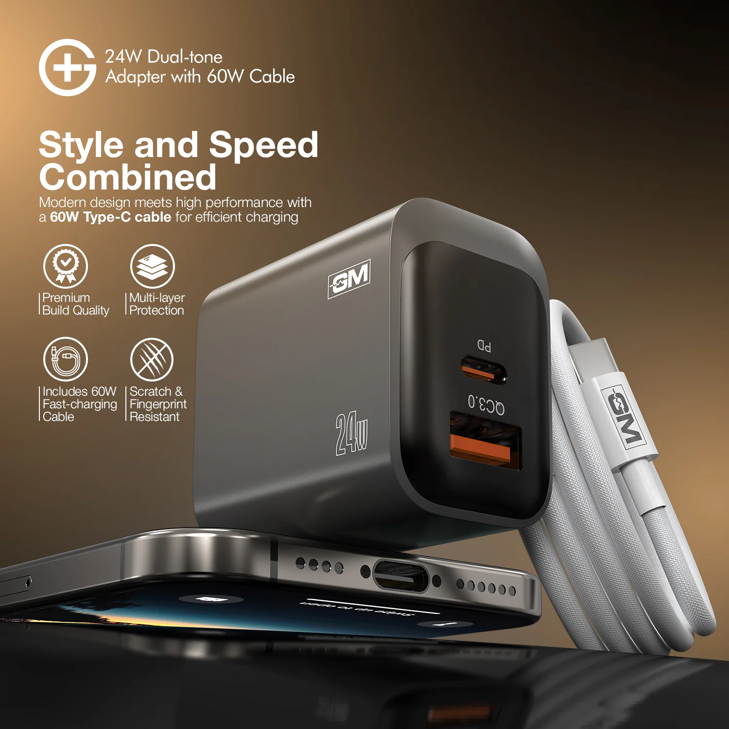 G+ Dual Tone (USB-A+C) PD Adapter - 24W with USB C-C Cable 60W (GREY) - Image 7