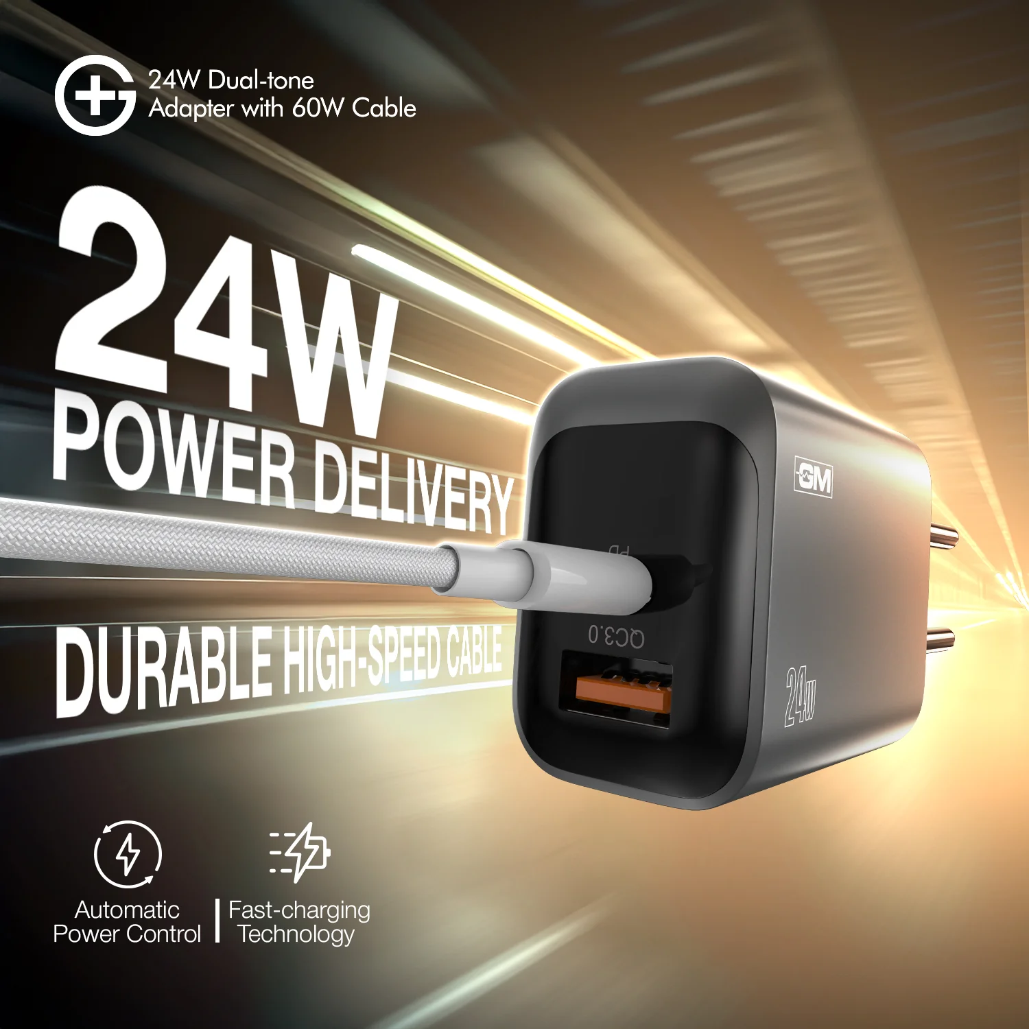 G+ Dual Tone (USB-A+C) PD Adapter - 24W with USB C-C Cable 60W (GREY) - Image 8