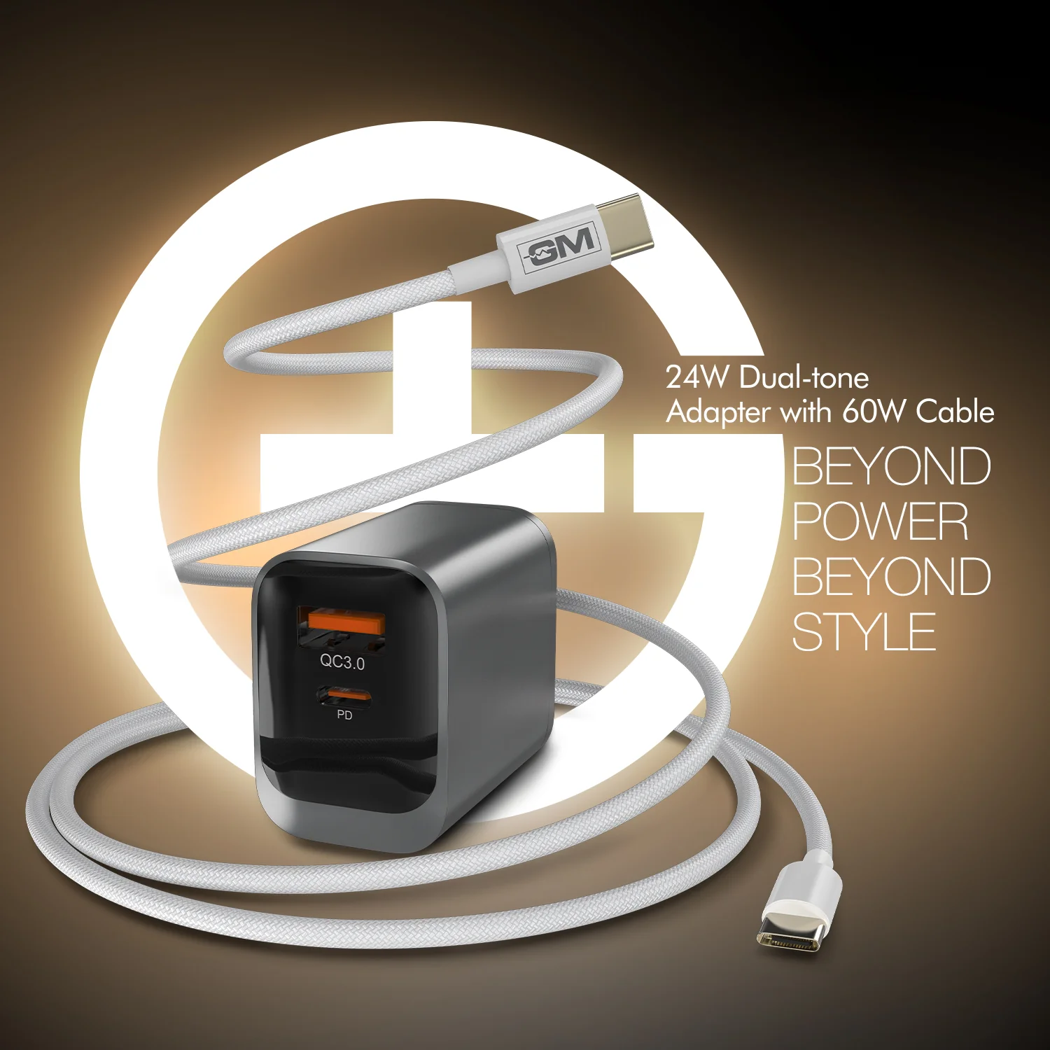 G+ Dual Tone (USB-A+C) PD Adapter - 24W with USB C-C Cable 60W (GREY) - Image 9