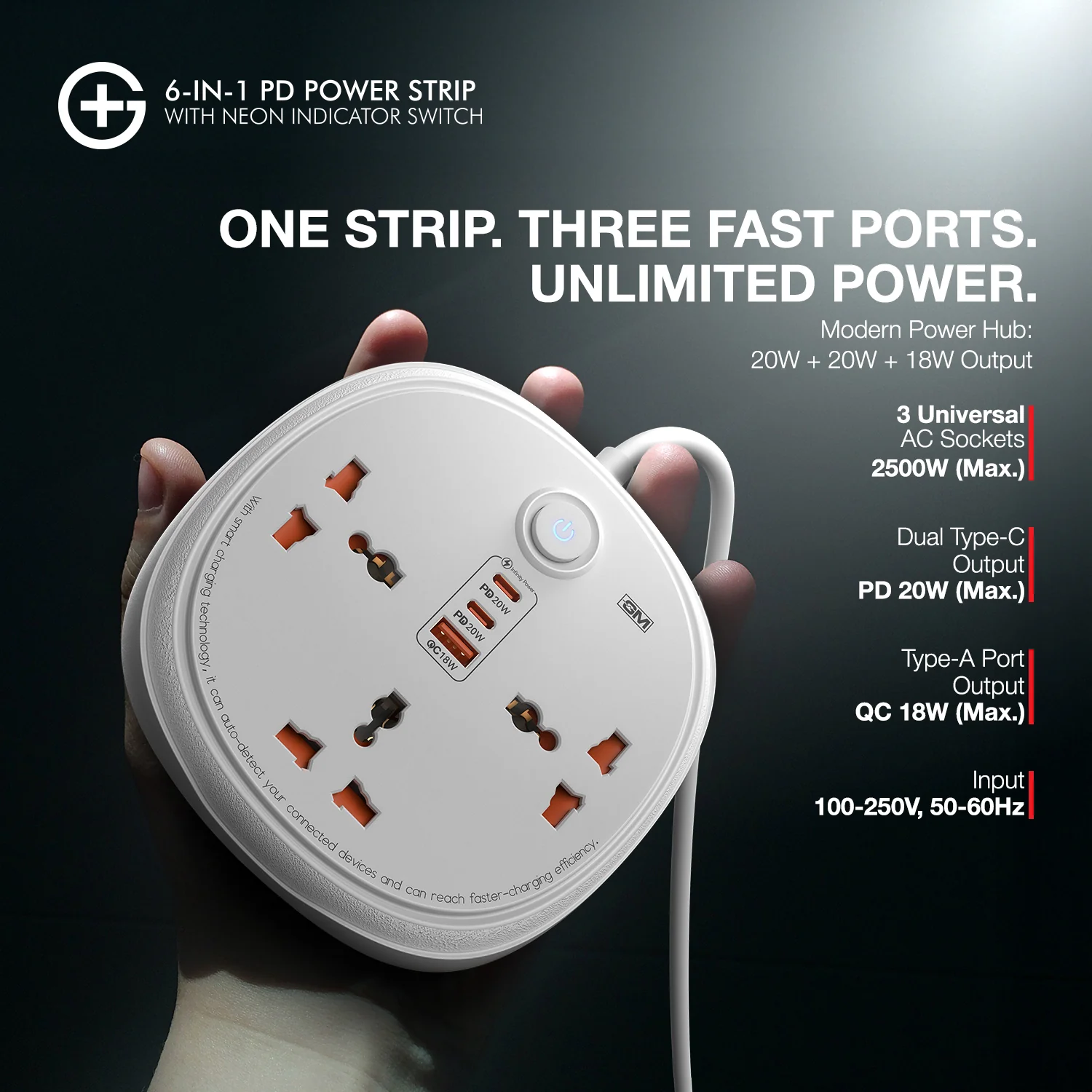 GM G+ 6-in-1 PD Power Strip with Neon Indicator Switch - Image 5