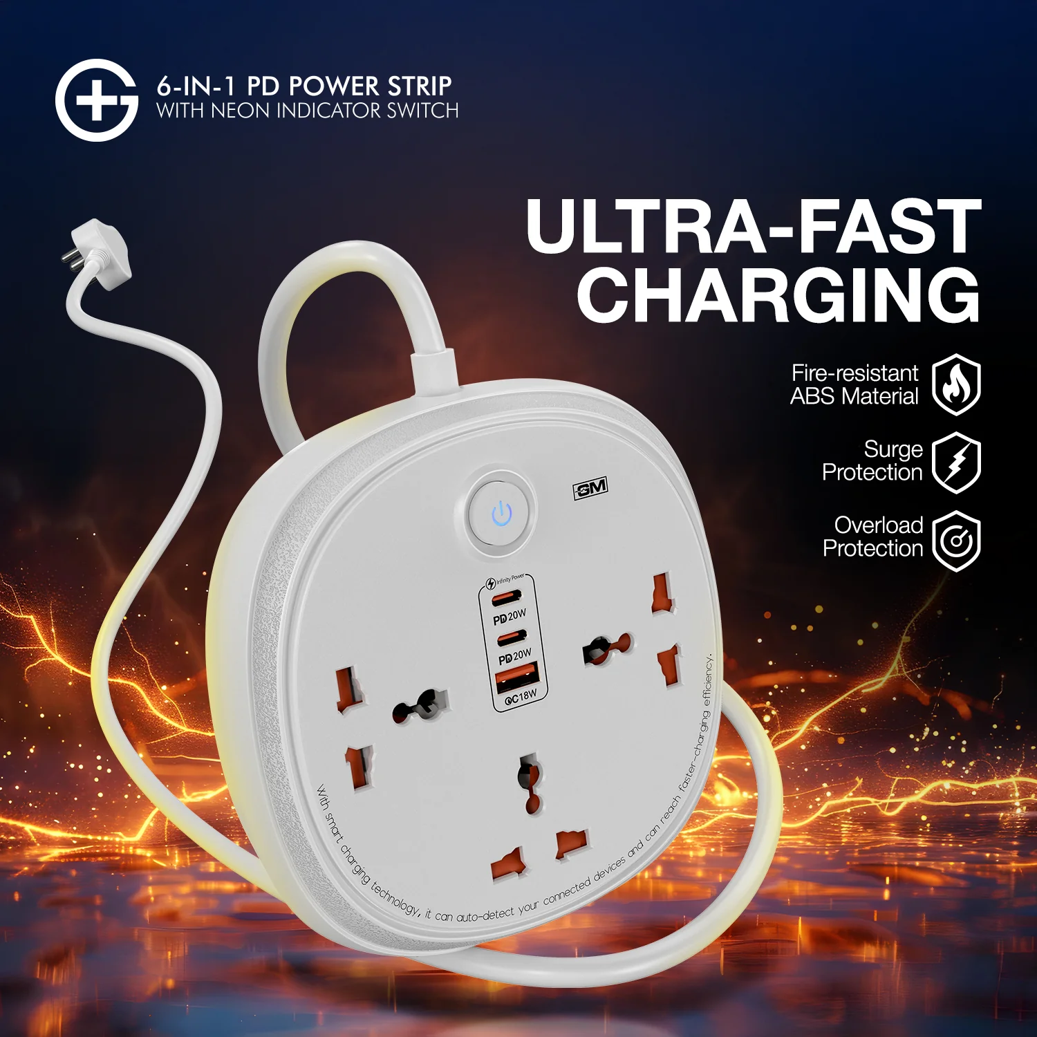 GM G+ 6-in-1 PD Power Strip with Neon Indicator Switch - Image 6