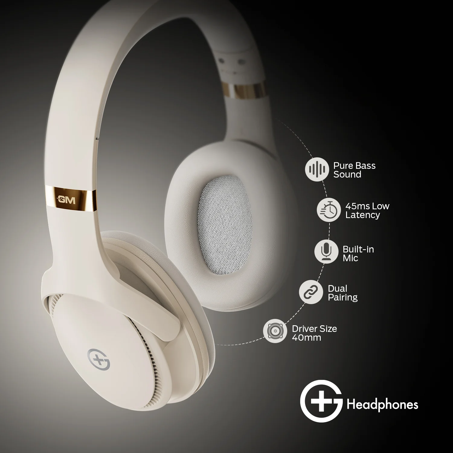 G+ Headphones BT 5.3, Pure Bass, Dual Pairing, 70H Playtime (Beige) - Image 3