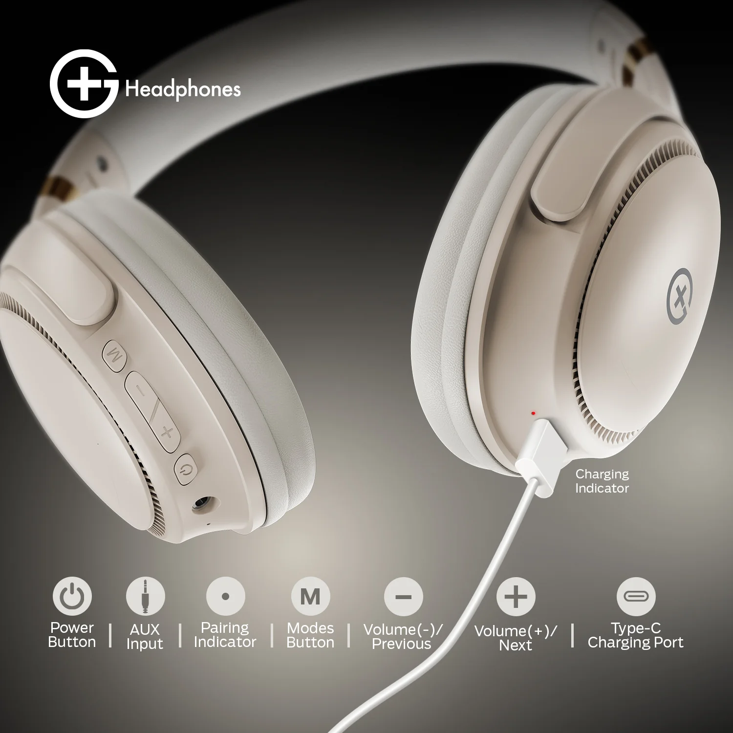 G+ Headphones BT 5.3, Pure Bass, Dual Pairing, 70H Playtime (Beige) - Image 4