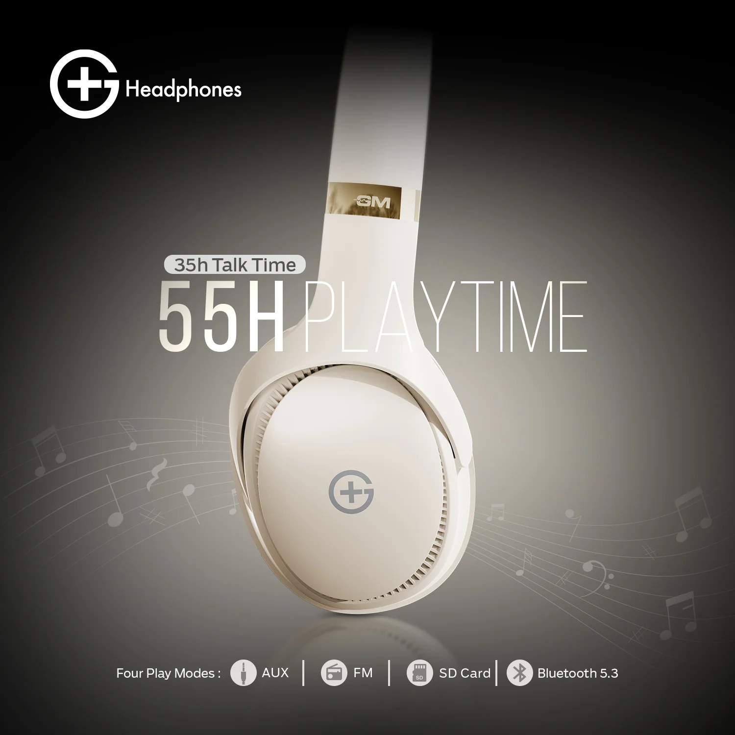 G+ Headphones BT 5.3, Pure Bass, Dual Pairing, 70H Playtime (Beige) - Image 5