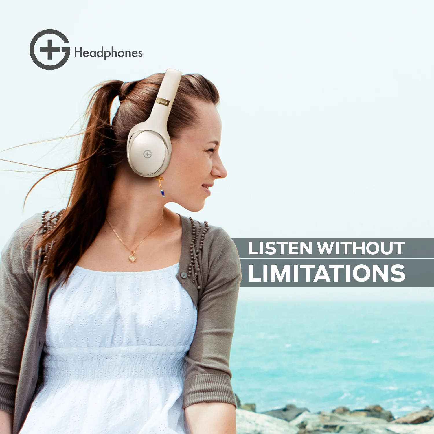 G+ Headphones BT 5.3, Pure Bass, Dual Pairing, 70H Playtime (Beige) - Image 8