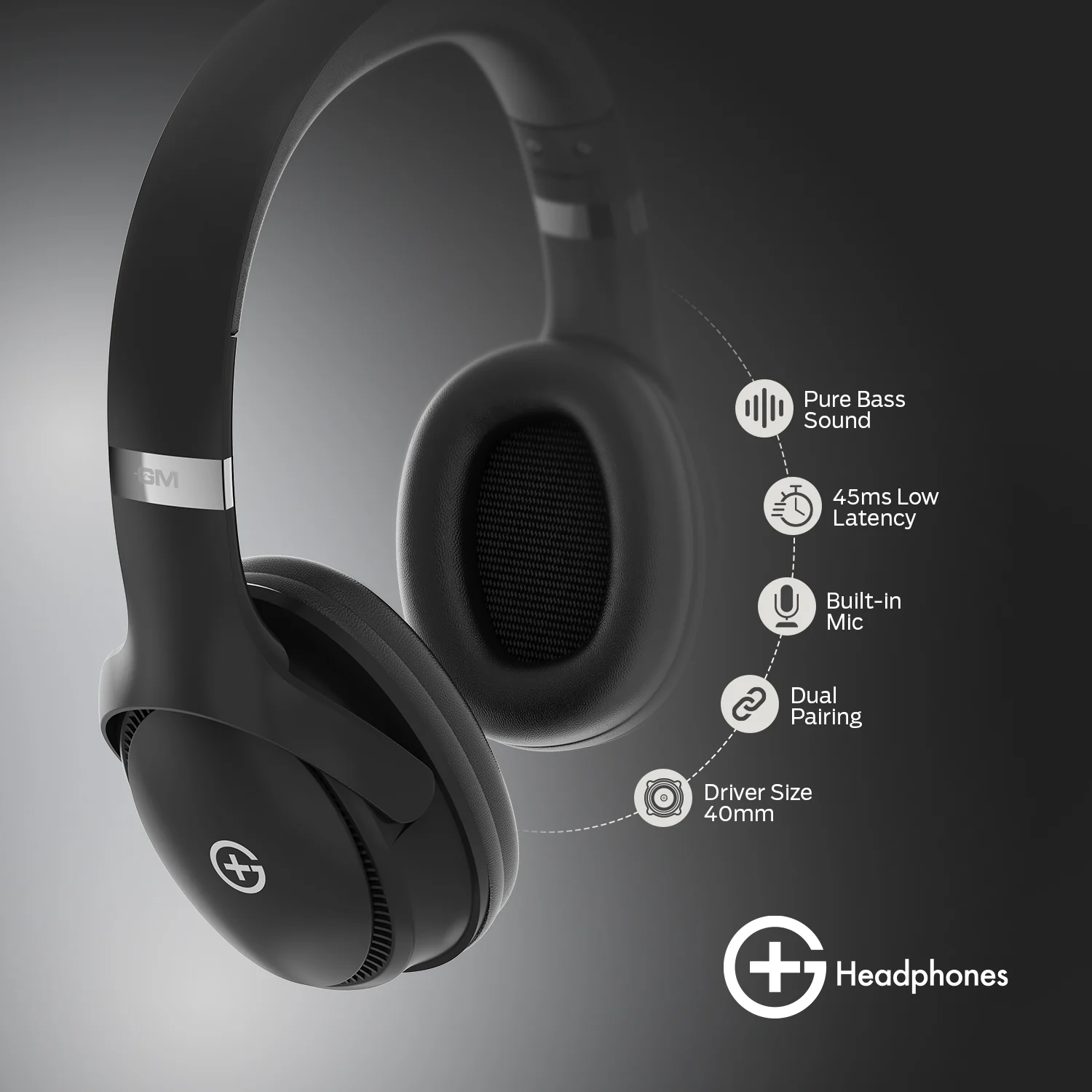 G+ Headphones BT 5.3, Pure Bass, Dual Pairing, 70H Playtime (Black) - Image 3