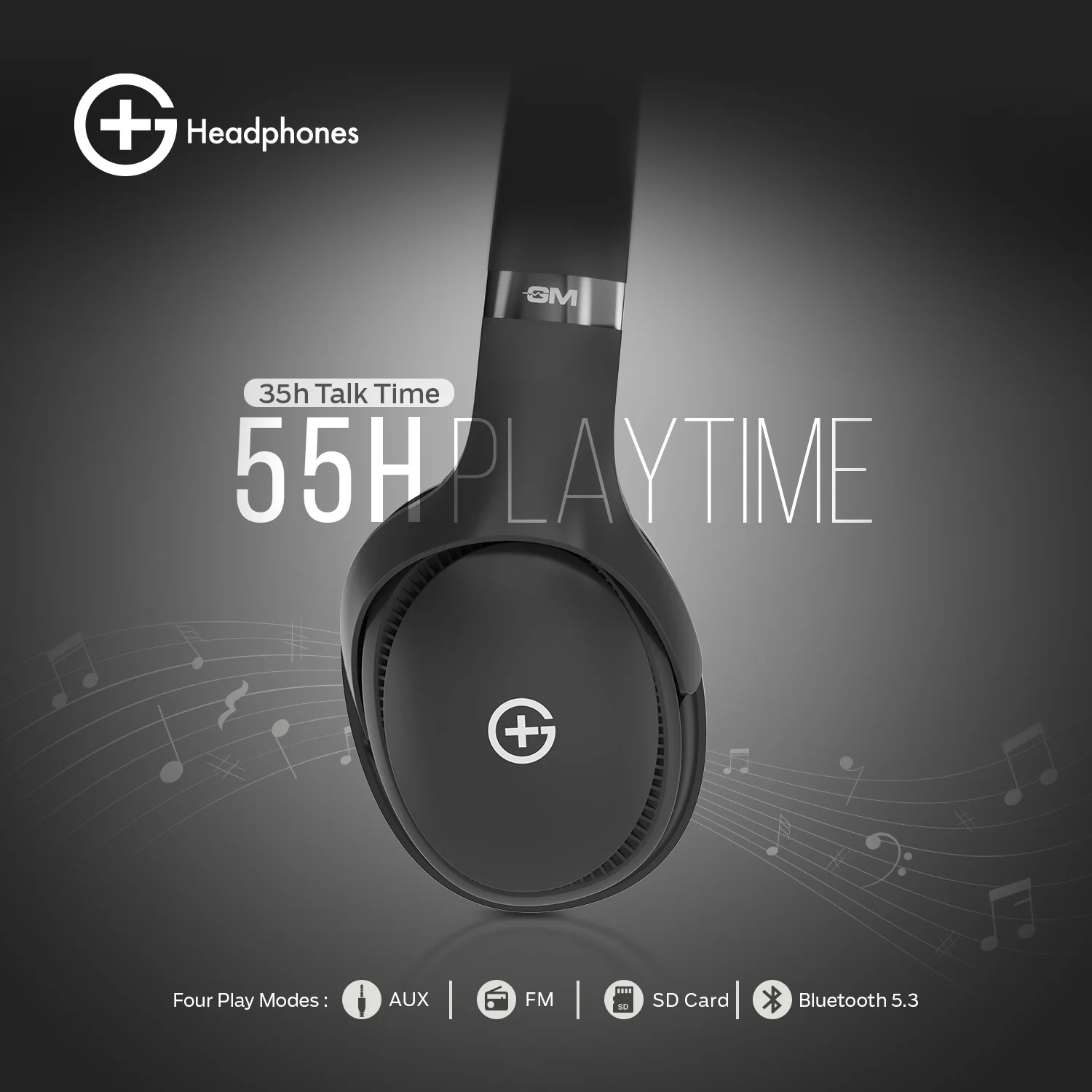 G+ Headphones BT 5.3, Pure Bass, Dual Pairing, 70H Playtime (Black) - Image 5