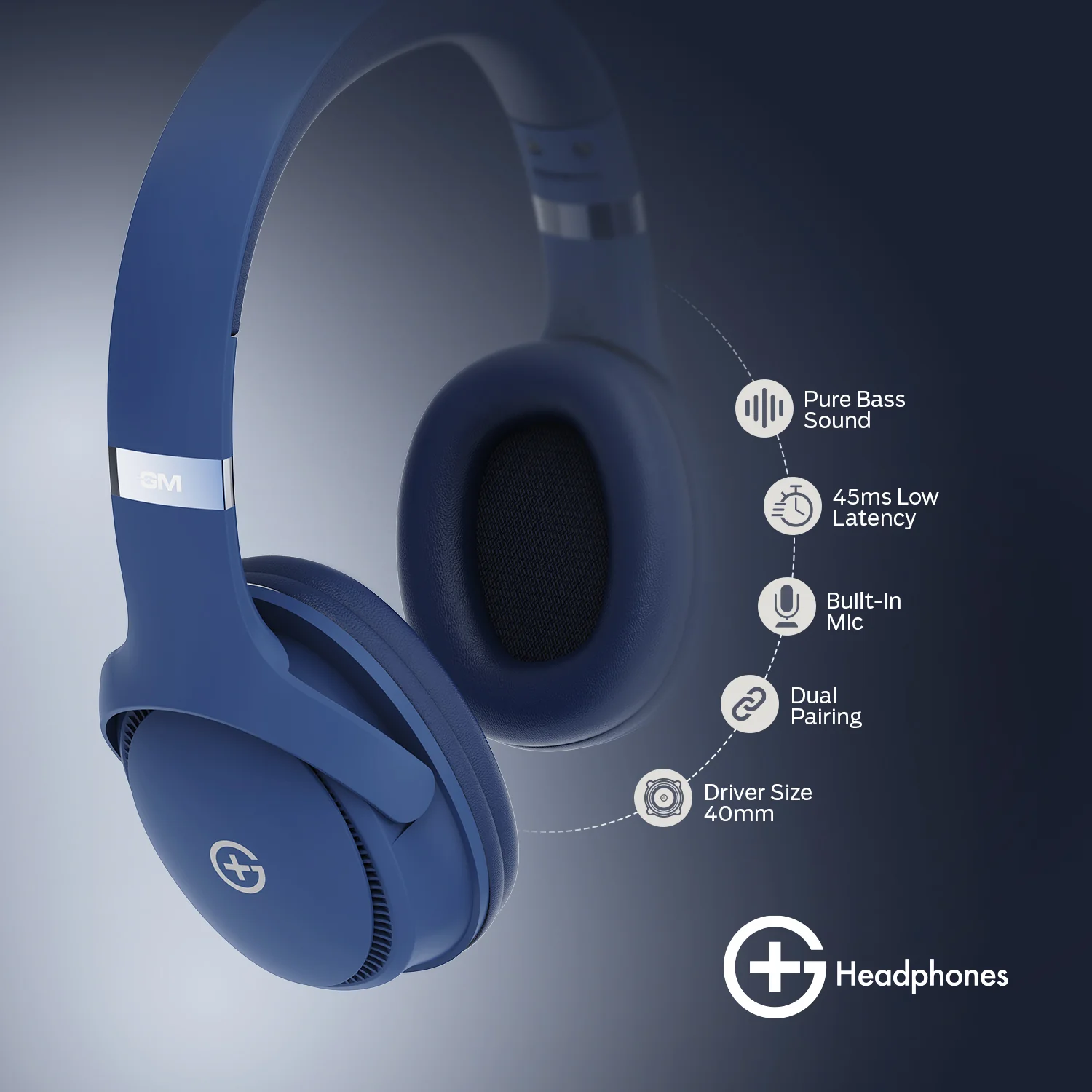 G+ Headphones BT 5.3, Pure Bass, Dual Pairing, 70H Playtime (Blue) - Image 3