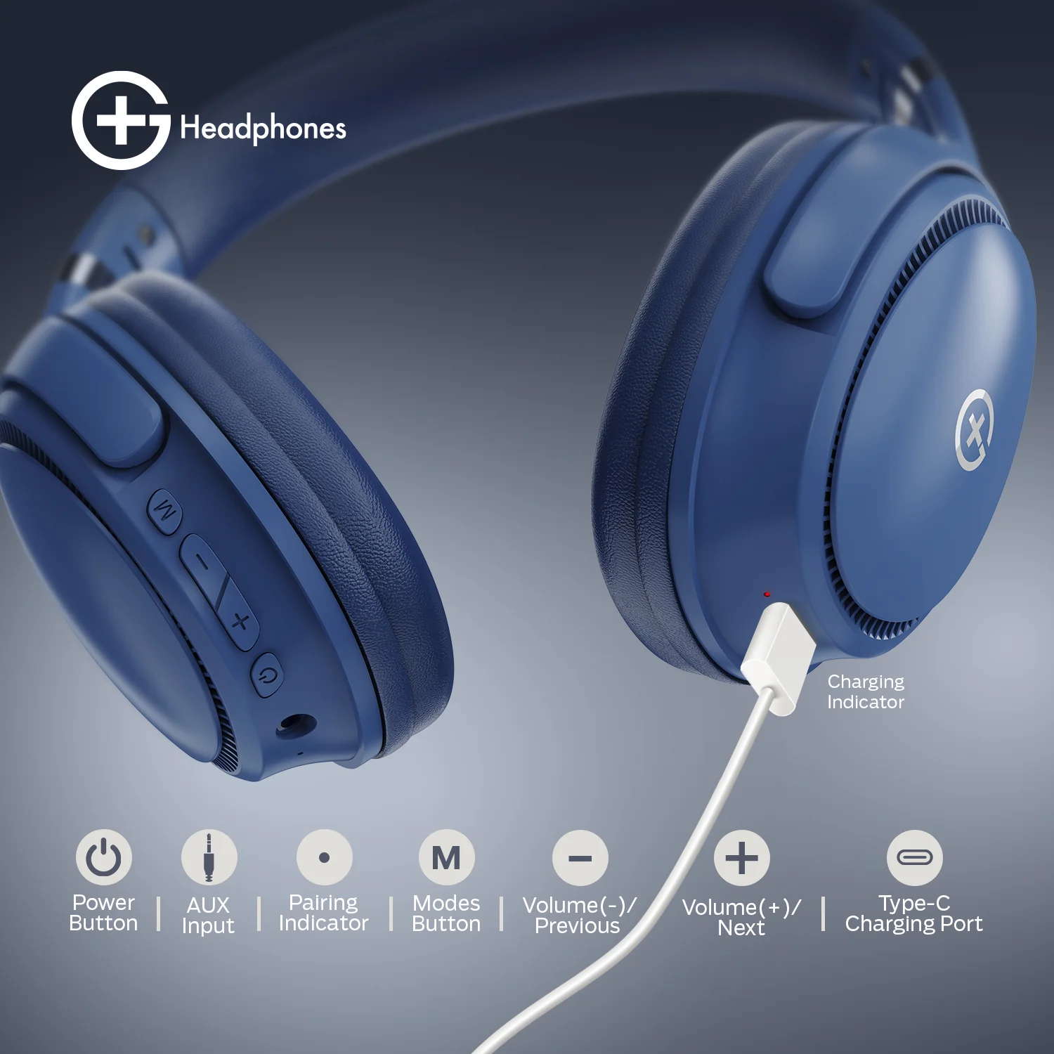 G+ Headphones BT 5.3, Pure Bass, Dual Pairing, 70H Playtime (Blue) - Image 4
