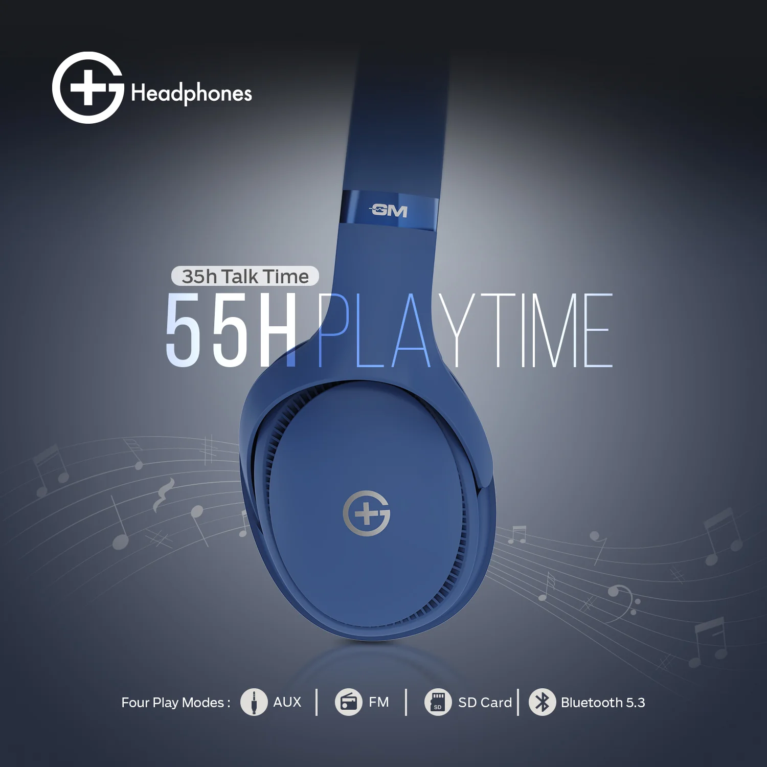 G+ Headphones BT 5.3, Pure Bass, Dual Pairing, 70H Playtime (Blue) - Image 5