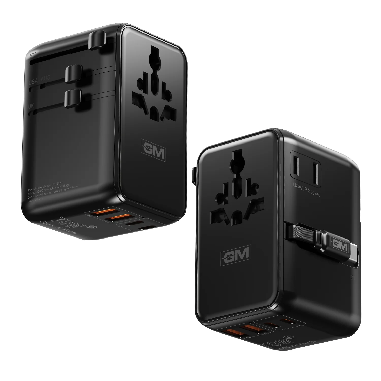 TravelEase Pro 70W Adapter for 150+ Countries with Retractable Cable (Black)