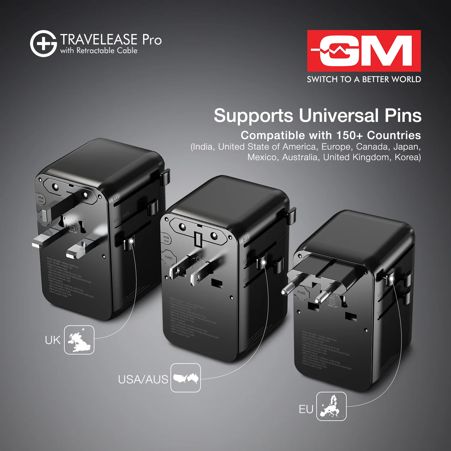 TravelEase Pro 70W Adapter for 150+ Countries with Retractable Cable (Black) - Image 2