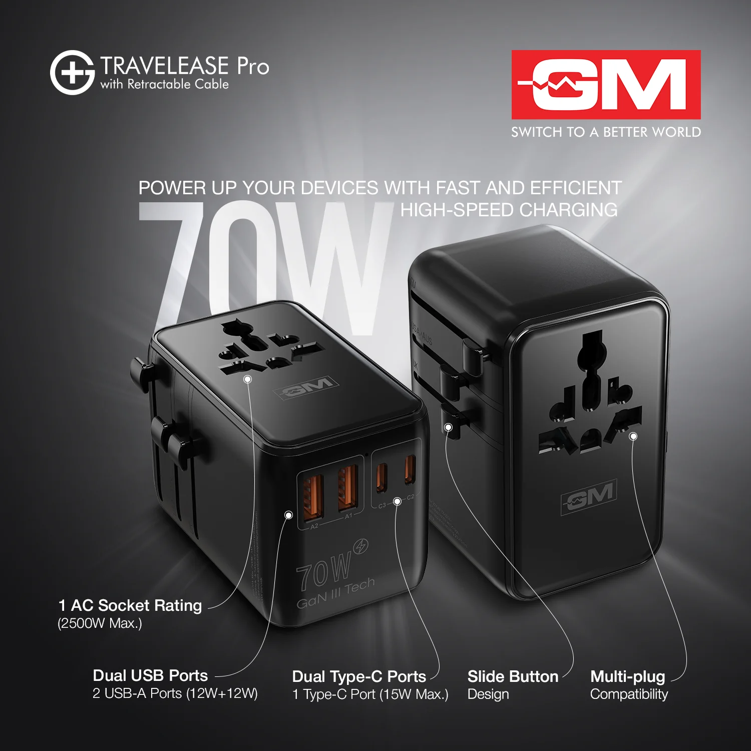 TravelEase Pro 70W Adapter for 150+ Countries with Retractable Cable (Black) - Image 8