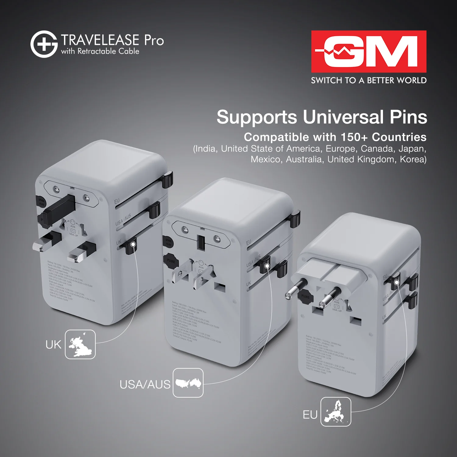 TravelEase Pro 70W Adapter for 150+ Countries with Retractable Cable (White) - Image 5