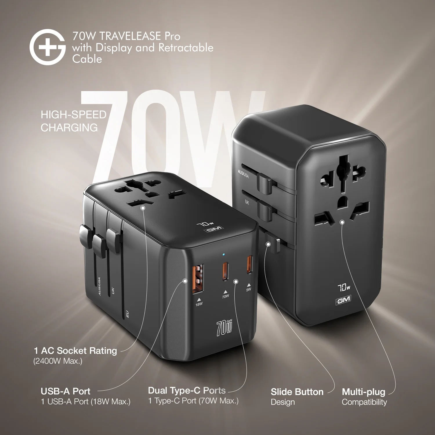TravelEase Pro 70W with Display - 150 Countries ( Black ) - Image 5